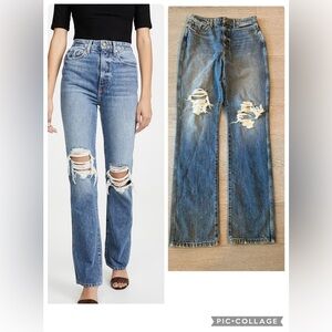 KHAITE Blue Distressed Straight Leg Jeans